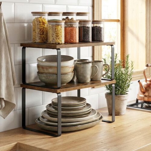 Songmics Cabinet Organizer Shelf, Set of 2 Kitchen Storage Shelves, Stackable Spice Rack, Brown 2