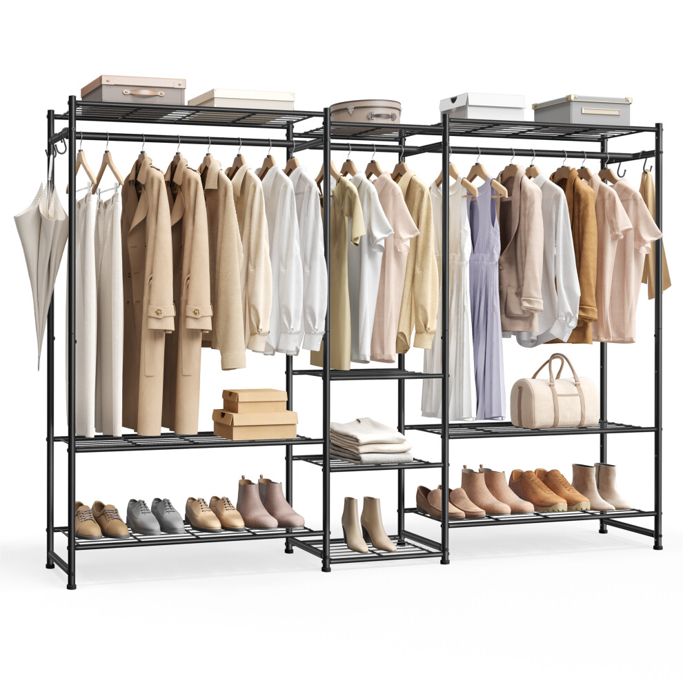 Songmics Open Wardrobe, Clothes Rack, Clothing Rack With 10 Shelves, 3 Clothes Rails, 4 S‑Hooks, Metal Frame, For Bedroom, Living Room, Hallway, Black