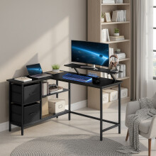 L-Shaped Desk with 2 Spacious Drawers, Gaming Desk with Monitor Stand, Corner Desk, Computer Desk with Adjustable Storage Shelf, for Home Office