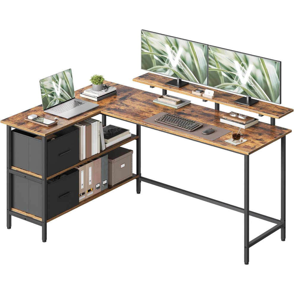 Vasagle L-Shaped Desk With 2 Spacious Drawers, Gaming Desk With Monitor Stand, Corner Desk, Computer Desk With Adjustable Storage Shelf,Rustic Brown