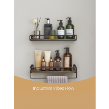 Set of 2 Bathroom Floating Shelves, Wall Shelves with Towel Rack, Wood Shelves for Wall, Rustic Brown and Black