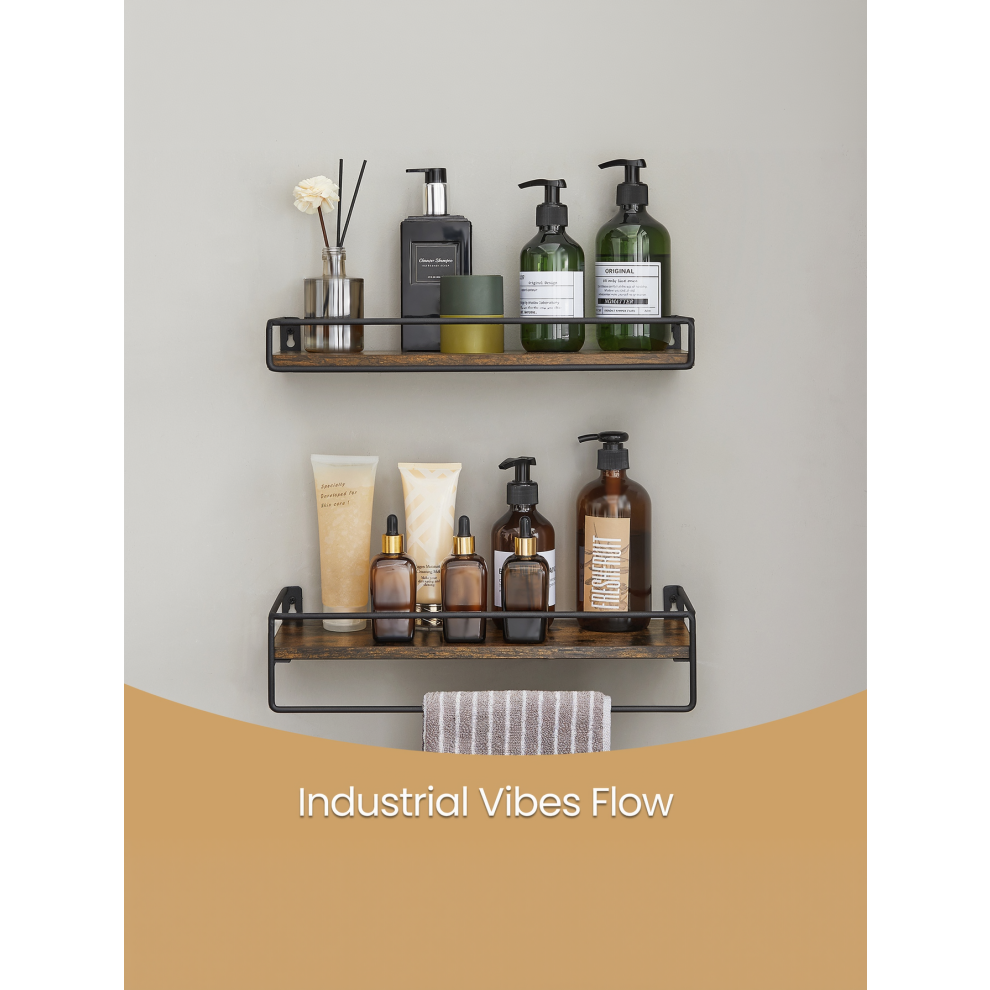 Set Of 2 Bathroom Floating Shelves, Wall Shelves With Towel Rack, Wood Shelves For Wall, Rustic Brown And Black 194343681191