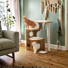 Modern Cat Tree Tower with Cat Cave, 3 Perches, Scratching Post and Mat, Removable Washable Cushions, Rustic Brown