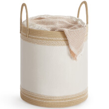 Laundry Basket, Laundry Hamper, Cotton Rope Storage Basket with Handles, for Blankets, Living Room, Bedroom, 60 L, Cloud White and Camel Brown