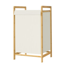 2-Section Clothes Hamper, Bamboo Laundry Basket with Removable Lid and Bag, for Bedroom, 100 L, White
