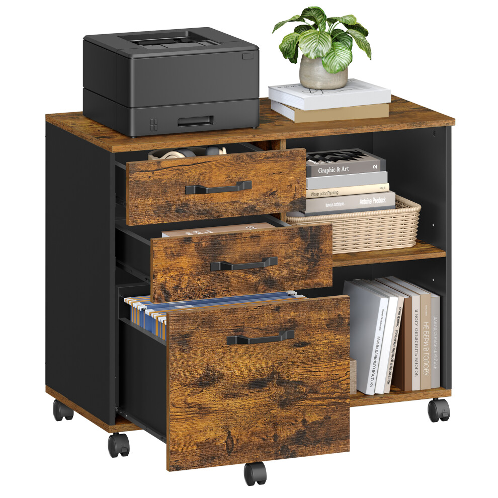 Vasagle 3-Drawer File Cabinet, Mobile Lateral Filing Cabinet With Open Compartments, For A4, Letter Sized Files, Rustic Brown And Black