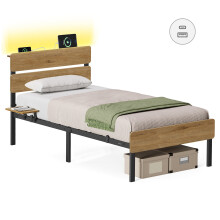 Single Metal Bed Frame, 90 x 190 cm, LED Lights, USB and Type-C Ports, Under-Bed Storage Space, Industrial Style, Easy Assembly, Natural Brown