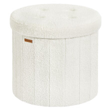 Round Storage Ottoman, Foldable Foot Stool with Removable Lid, Easy Assembly, 46 x 45 cm, Teddy Fleece Vanity Stool for Dorm,Cream White