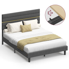 Upholstered Platform King Bed Frame, Adjustable Headboard, Solid Wood Slats, Metal Frame, for Bedroom, Dark Grey