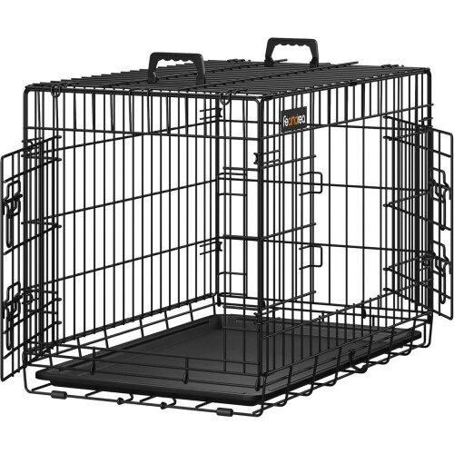 FEANDREA Dog Crate, Foldable, 77.5 cm Long, 2 Doors, M, Black