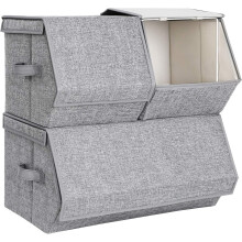 Stackable Storage Boxes With Lids, Set of 3 Toy Organizer, Metal Frame, Magnetic Closure, For Clothes Toys Books, Grey