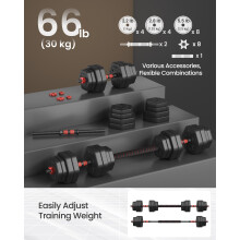 Set of 2 Dumbbell Sets, 30 kg Weights Each with Connecting Bar, Hexagon, Adjustable Weight Plates, for Men Women Workout