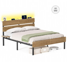 Double Metal Bed Frame, 135 x 190 cm, LED Lights, USB and Type-C Ports, Under-Bed Storage Space, Industrial Style, Easy Assembly, Natural Brown