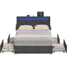 Double Platform Bed with Storage Drawers, LED Headboard, USB Charging Ports, for Bedroom, Dark Grey