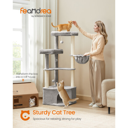 FEANDREA Cat Tree Tower, Cat Condo with Scratching Posts, Toys, 2 Perches, Light Grey 1