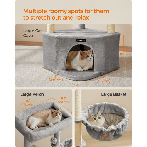 FEANDREA Cat Tree Tower, Cat Condo with Scratching Posts, Toys, 2 Perches, Light Grey 2