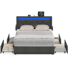 King Platform Bed with Storage Drawers, LED Headboard, USB Charging Ports, for Bedroom, Dark Grey