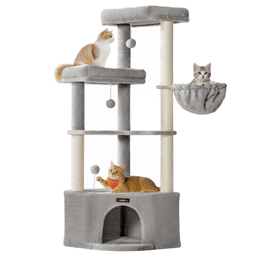 FEANDREA Cat Tree Tower, Cat Condo with Scratching Posts, Toys, 2 Perches, Light Grey