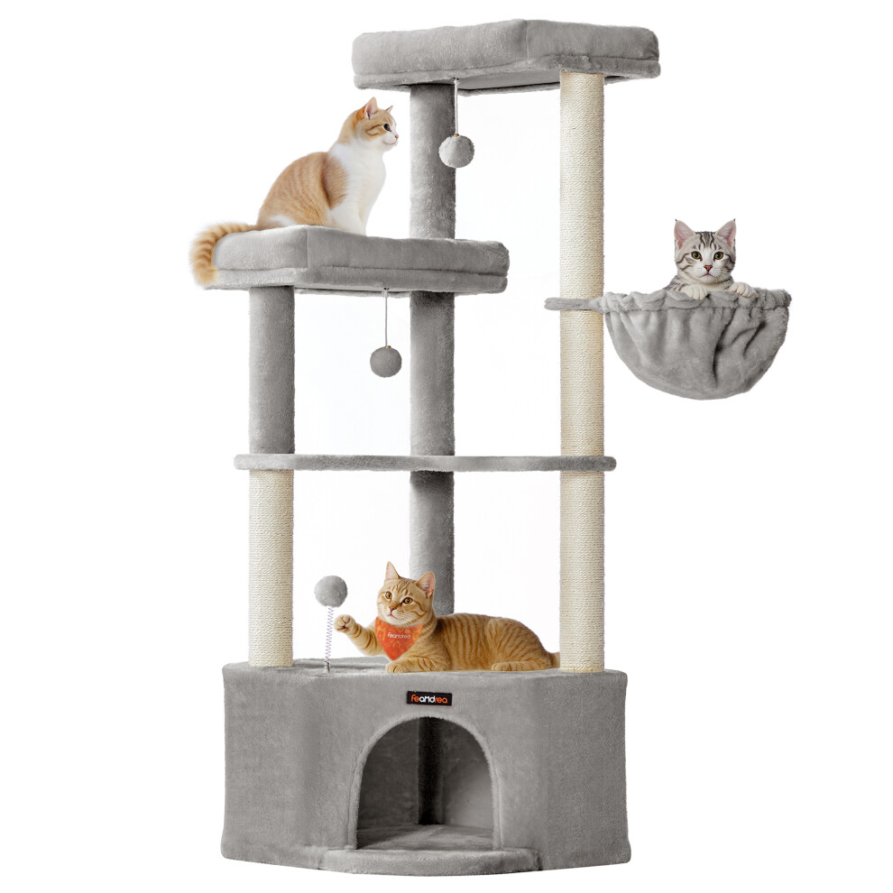 Feandrea Cat Tree Tower, Cat Condo With Scratching Posts, Toys, 2 Perches, Light/Grey