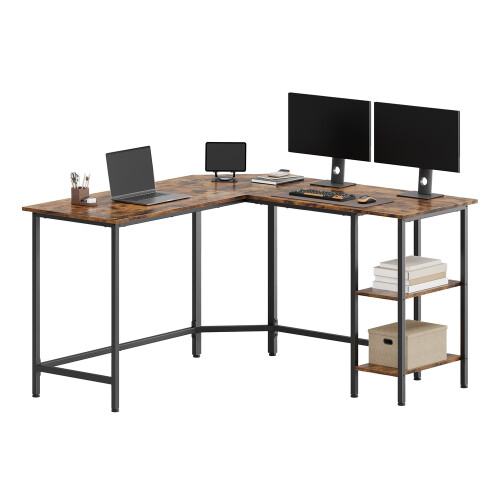 VASAGLE L-Shaped Writing Desk, 2 Storage Shelves, Computer Table for Home Office, Space-Saving, Brown 1