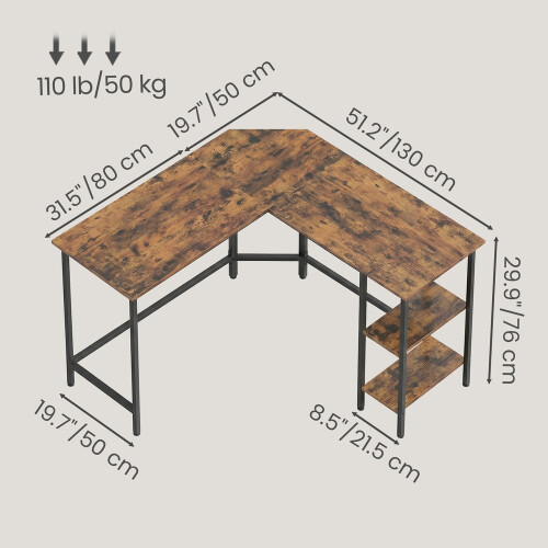 VASAGLE L-Shaped Writing Desk, 2 Storage Shelves, Computer Table for Home Office, Space-Saving, Brown 2