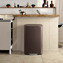 50 L Kitchen Bin, Rubbish Bin, Stainless Steel Trash Bin, Soft Close, Step-On Pedal, Removable Inner Bucket, Brown