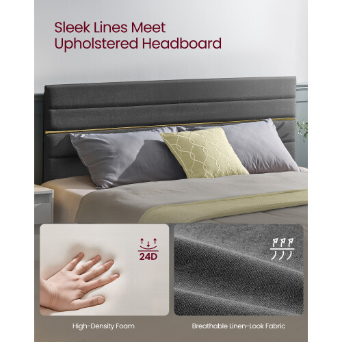 VASAGLE Upholstered Platform King Bed Frame, Adjustable Headboard, Solid Wood Slats, Metal Frame, for Bedroom, Dark Grey 1