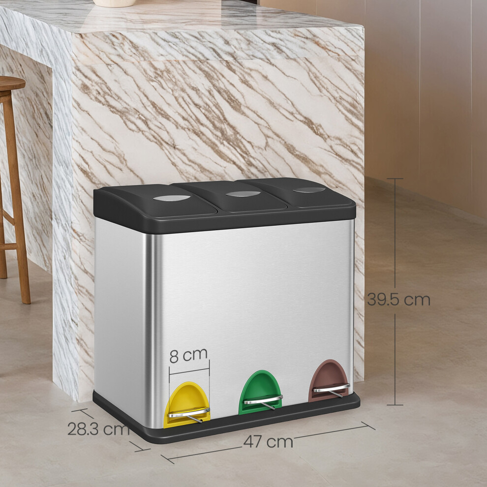 Songmics Pedal Bin, 3 X 8 L Small-Capacity Metal Rubbish Bin, Trash Bin For Kitchen, Waste Separation And Recycling, Silver