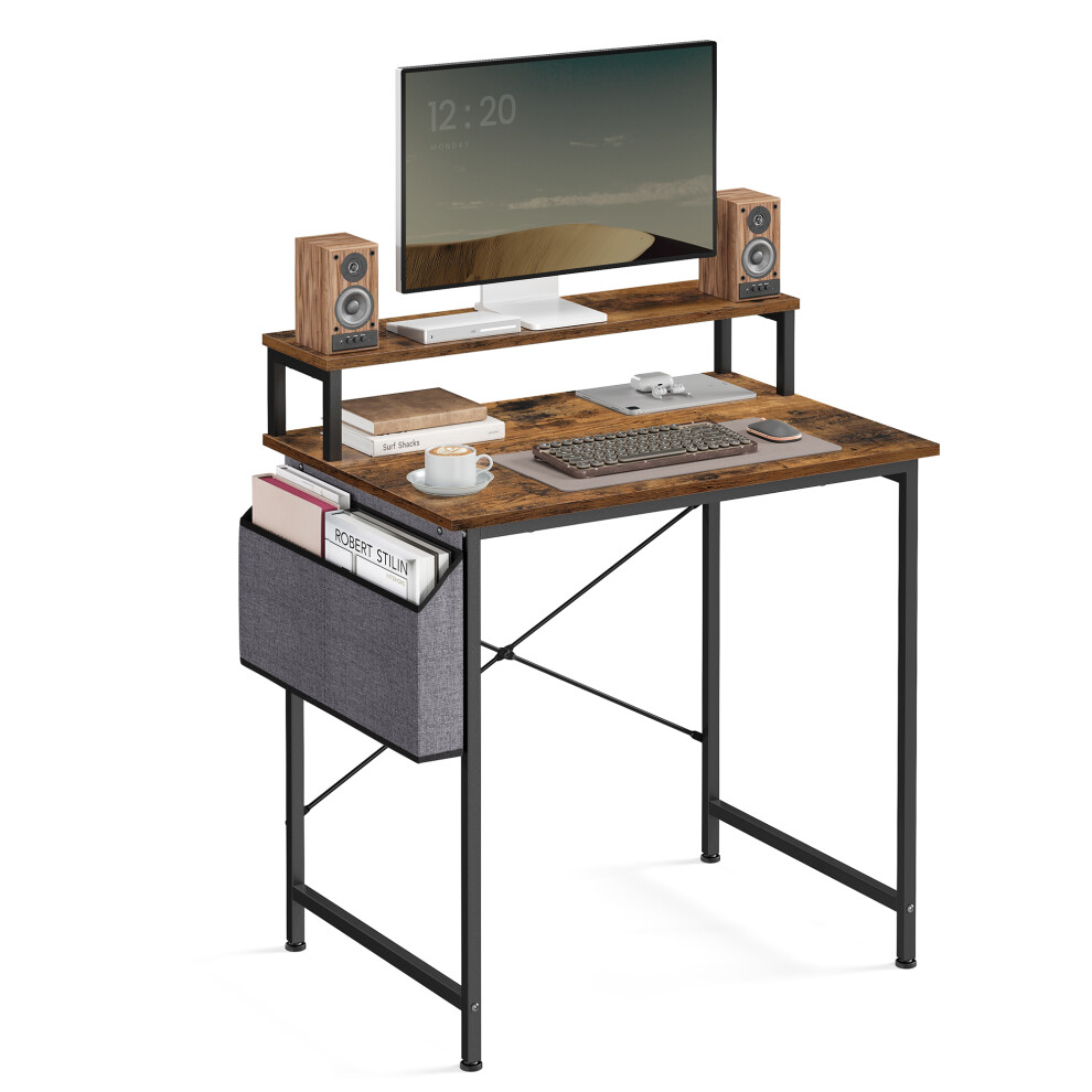 Vasagle Home Office Writing Table, Adjustable Study Desk With Monitor Stand, Storage Bag, X-Bars, Industrial, Brown And Black