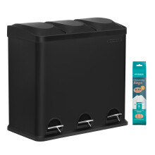 Kitchen Waste Bin, 318 Litres, Pedal Bin with 3 Compartments, Inner Buckets and 6 Stickers for Waste Separation, Waste Separation System, Black