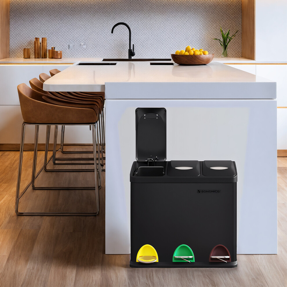 Songmics 3 X 8 L Metal Kitchen Rubbish Bin, Pedal Trash Bin For Waste And Recycling, With Lids, Black
