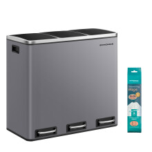 Triple Compartment Recycling Bin, 3 x 18L Pedal Waste Bin with Soft-Close Lids, Steel, for Kitchen, Grey