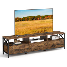 Large TV Cabinet with Storage Drawers, Media Console Table, Open Shelves for Living Room, Steel Frame, Brown and Black