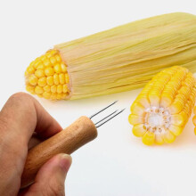 Stainless Steel Corn Holders with Wooden Handles 10pcs ThreeTine Forks for BBQ and Outdoor Cooking