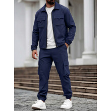 (Navy Blue, XXL) Mens Long-Sleeve Zip-Up Top And Pants Casual Workwear Set