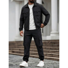 (Black, XXL) Mens Long-Sleeve Zip-Up Top And Pants Casual Workwear Set