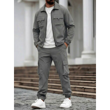 (Gray, XXL) Mens Long-Sleeve Zip-Up Top And Pants Casual Workwear Set