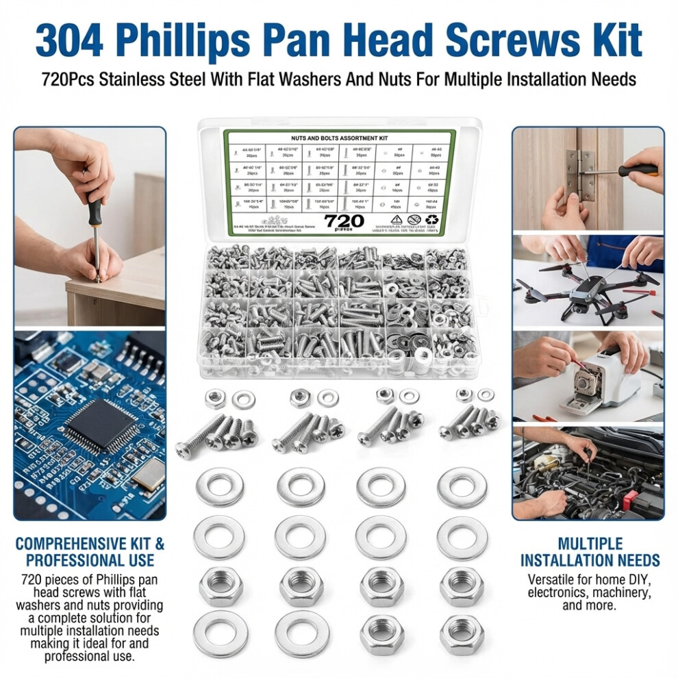 304 Phillips Screws Kit 720Pcs W/Washers & Nuts 6957086364127