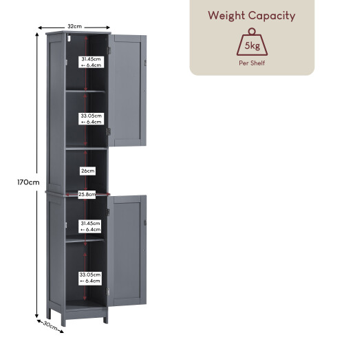 (Grey) Priano 2 Door Tall Cabinet Bathroom Storage Unit 2