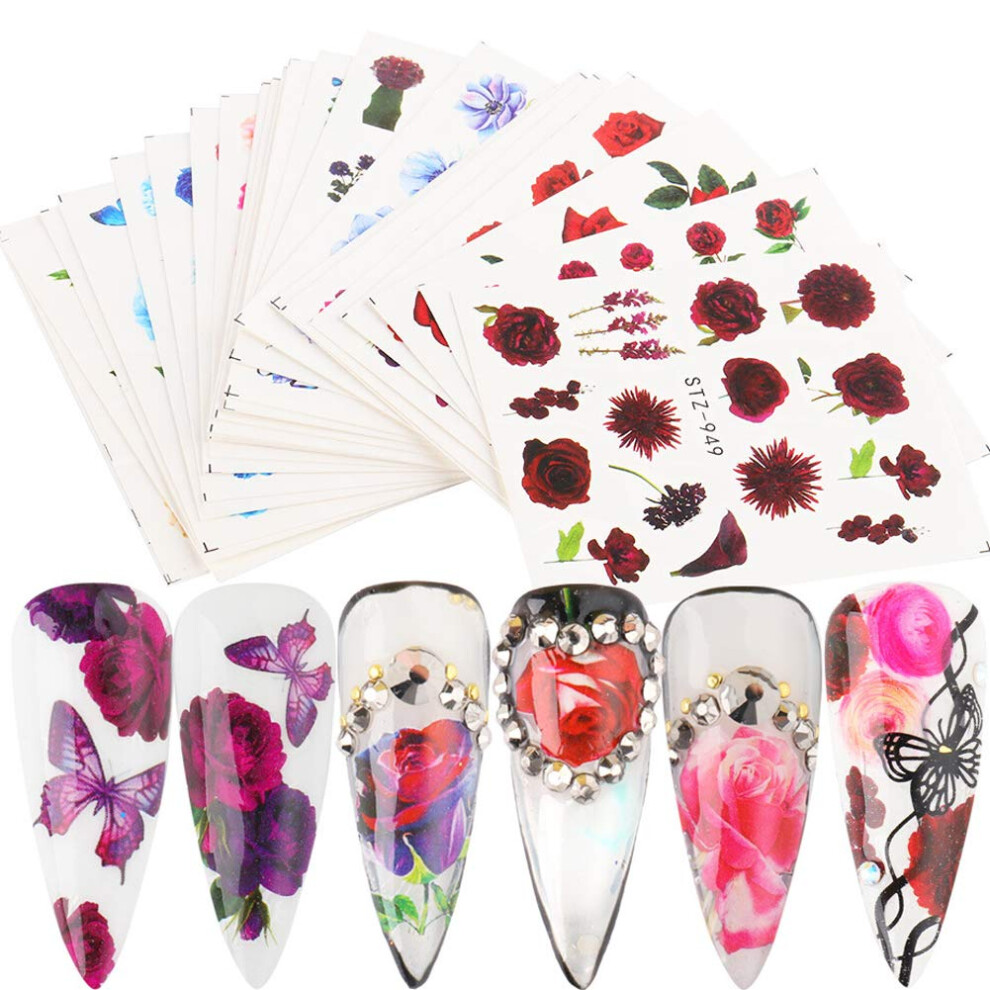 Butterfly and Flower Nail Art Stickers, Water Transfer Rose Decals Set for Manicure, 24 Sheets