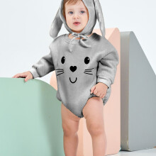 (Grey, 6M) Barboteuse à manches longues avec chapeau pour enfants, combinaison lapin de pâques unisexe, ensemble 2 pièces de