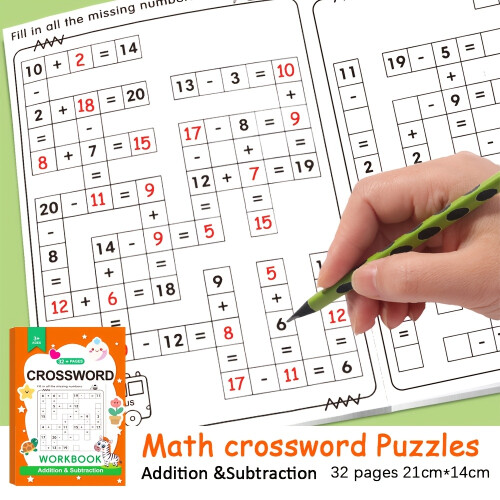 Interactive Math Addition & Subtraction Workbook for Kids,Math CrossWord Puzzles Workbook,Handwritten Math Practice 2