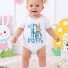 (White, 0-3M) Cadeau de Pâques – Combinaison décontractée à manches courtes et col rond avec imprimé lapin mignon pour le printemps et