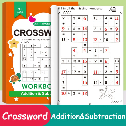 Interactive Math Addition & Subtraction Workbook for Kids,Math CrossWord Puzzles Workbook,Handwritten Math Practice