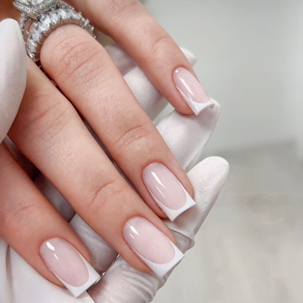 Zhouq-Outdoors 24Pcs Nude False Nails W/ White Edge