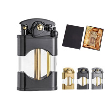 Black Windproof Kerosene Lighter with Transparent Oil Tank, Metal Retro Trench Design for Outdoor