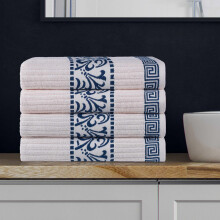Ivory and Navy Cotton Bath Towel Set 4 Pack – Absorbent Medium Weight Bathroom Towels