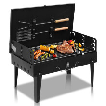 Portable Charcoal Grill with Lid, Foldable Cast Iron BBQ for Camping Outdoor Tabletop Cooking Black