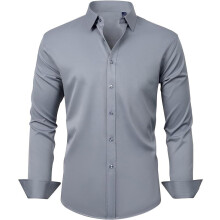 (Gray, L) Men's Slim-fit Long-sleeve Solid Color Simple Business Casual Shirt