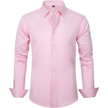 (Pink, XS) Men's Slim-fit Long-sleeve Solid Color Simple Business Casual Shirt
